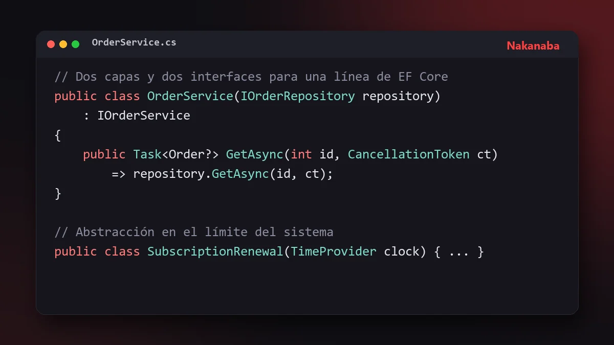 Fragmento de código C# con varias capas de interfaces que solo reenvían una llamada