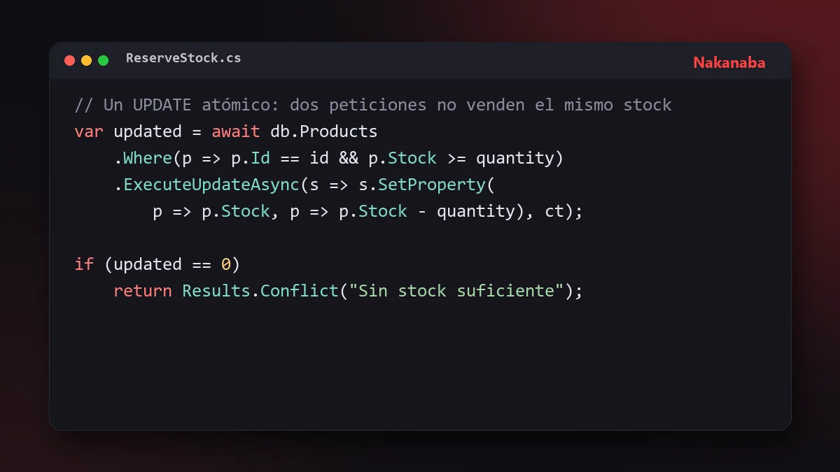 Fragmento de código C# que maneja DbUpdateConcurrencyException con un token de concurrencia