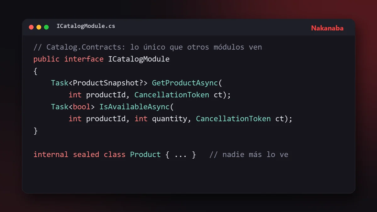 Fragmento de código C# con la interfaz pública de un módulo de inventario