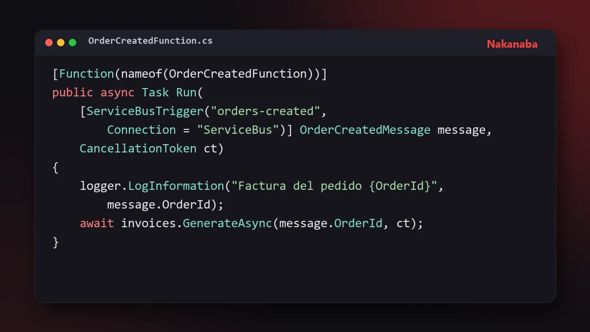 Fragmento de código C# de una Azure Function con disparador de cola de Service Bus