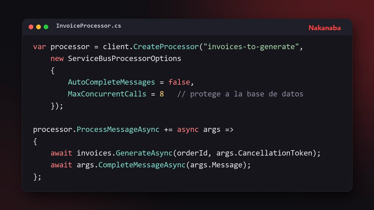 Fragmento de código C# que procesa mensajes de Service Bus con ServiceBusProcessor