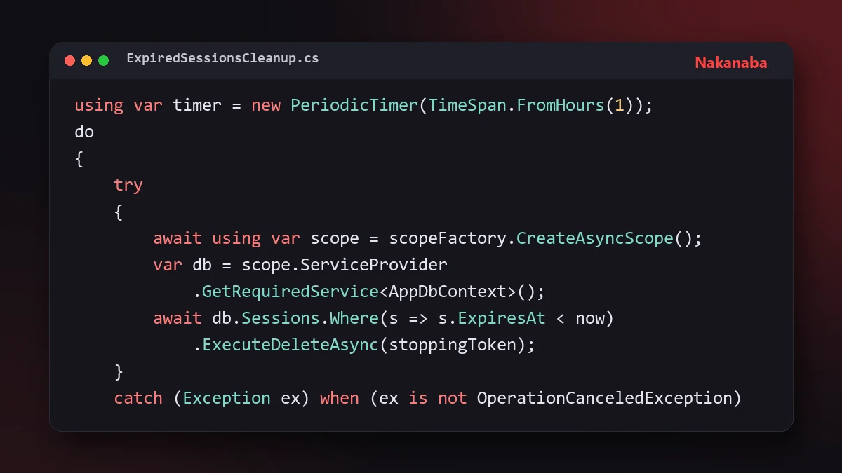 Fragmento de código C# de un BackgroundService con PeriodicTimer y un scope por ejecución