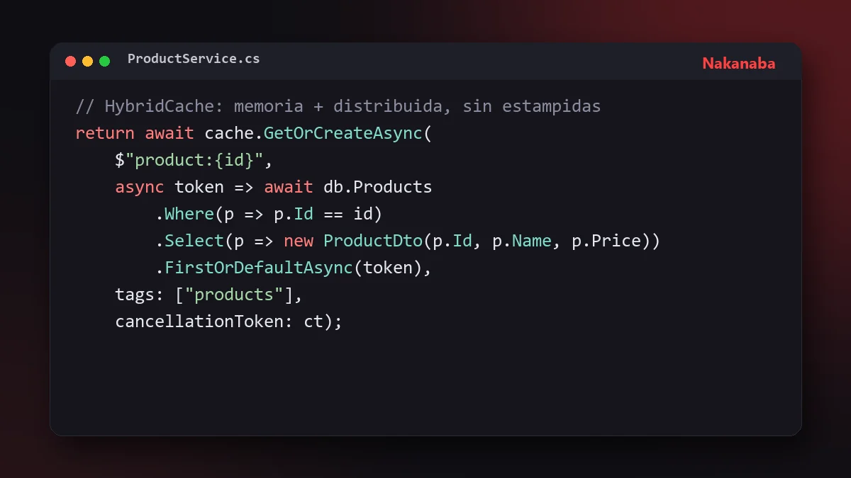 Fragmento de código C# que usa HybridCache.GetOrCreateAsync con expiración