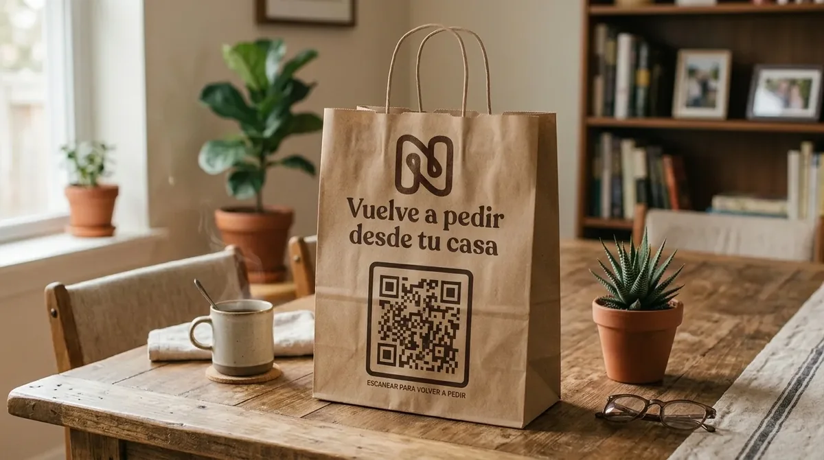 Bolsa de papel de una tienda con un código QR impreso y el texto Vuelve a pedir desde tu casa, sobre la mesa de una casa