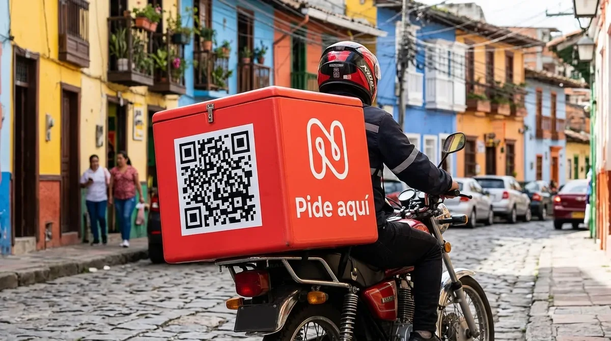 Domiciliario en moto con una caja roja que lleva un código QR y el texto Pide aquí