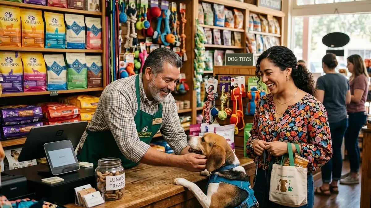 Clienta con su perro conversando con el vendedor en una tienda de mascotas