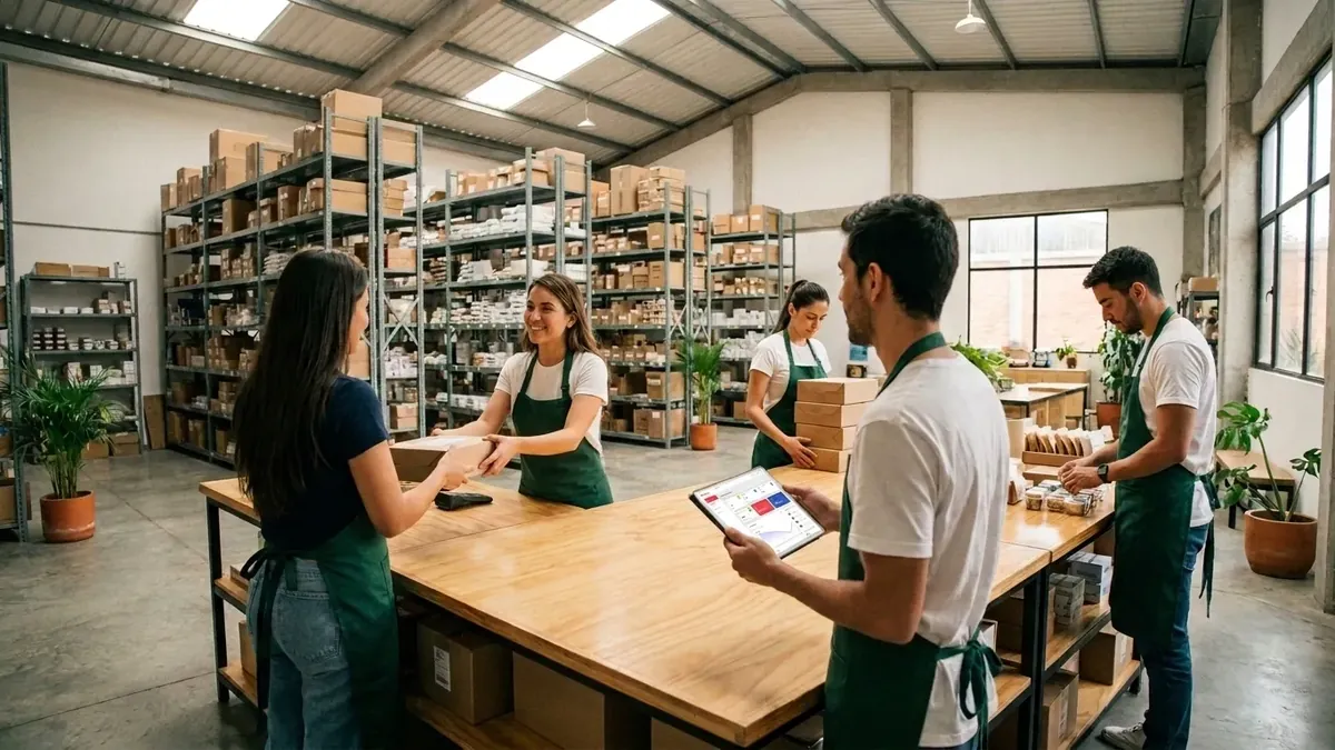 Equipo de un comercio organizando productos con una tablet en la bodega