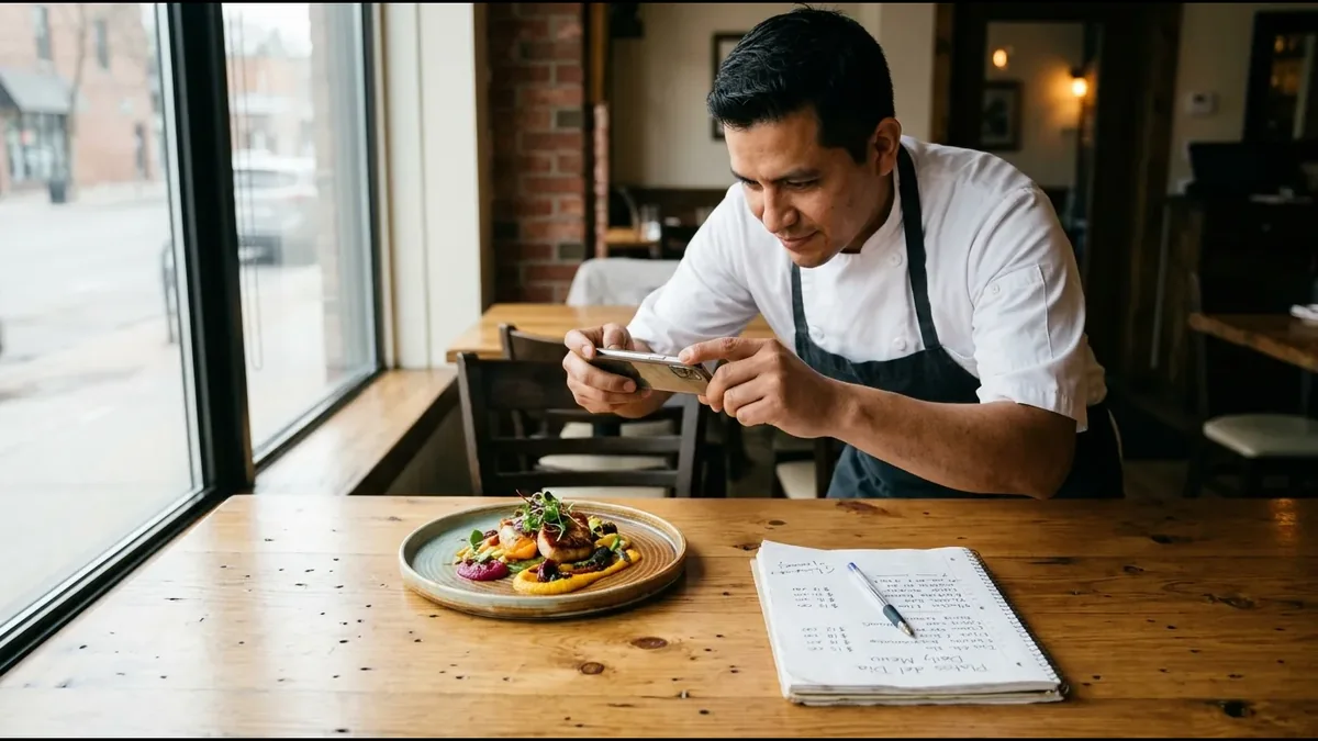 Cocinero tomando con el celular la foto de un plato junto a una ventana, con una libreta de precios al lado