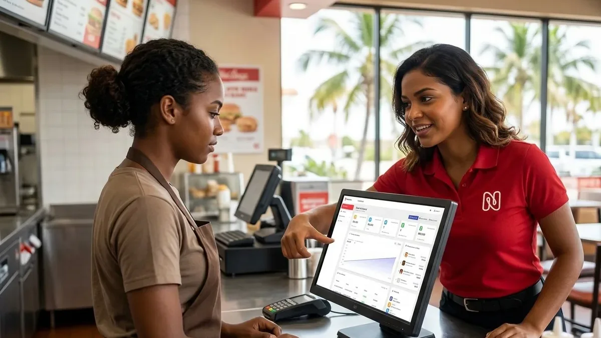 Empleada y asesora revisando las ventas en la pantalla del punto de venta de un restaurante de comidas rápidas