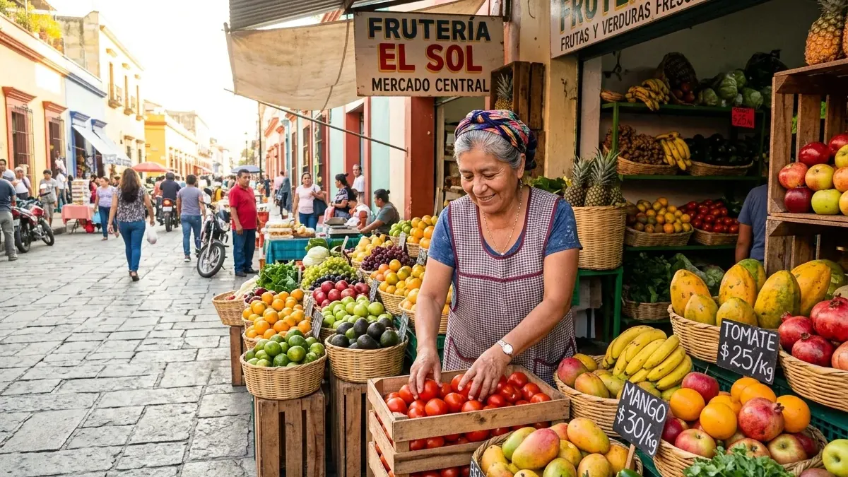 Vendedora de una frutería organizando frutas por tipo en su puesto