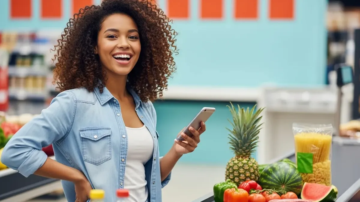 Mujer sonriendo con el celular en la mano dentro de un supermercado
