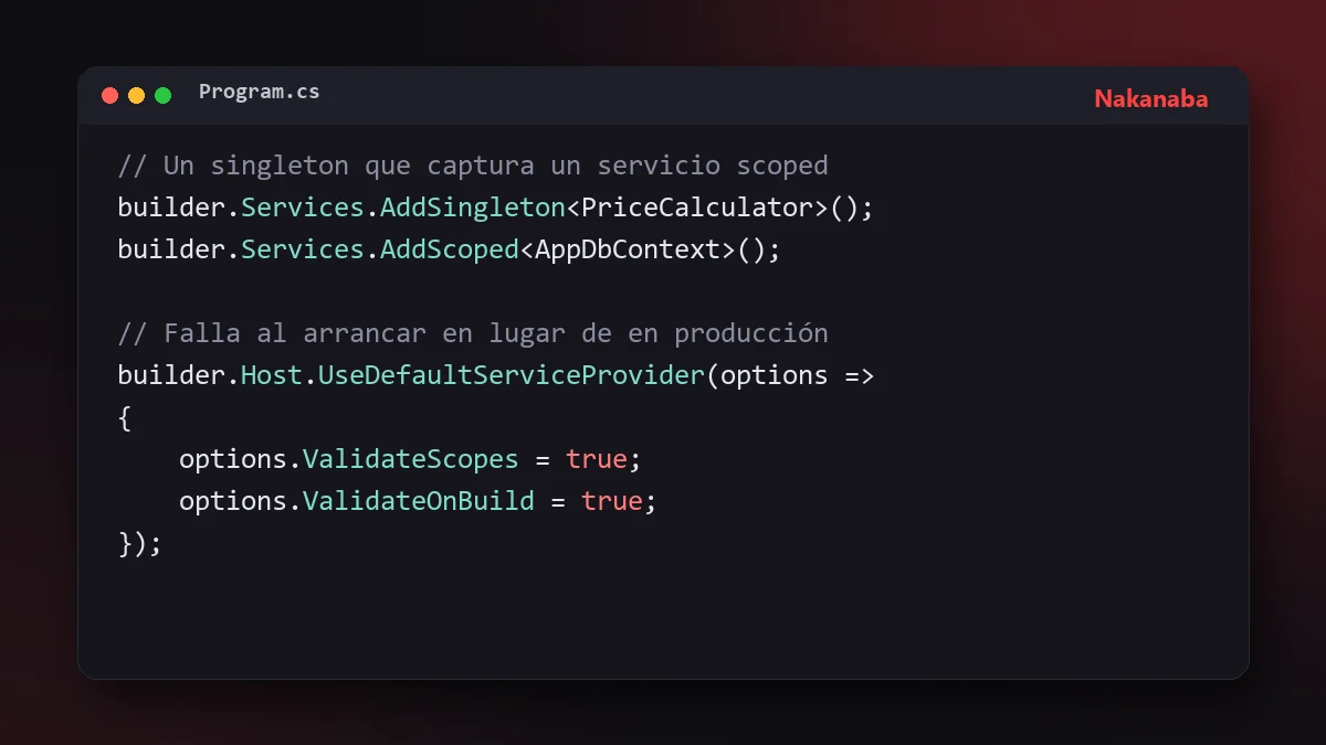 Fragmento de código C# con un singleton que captura un servicio scoped