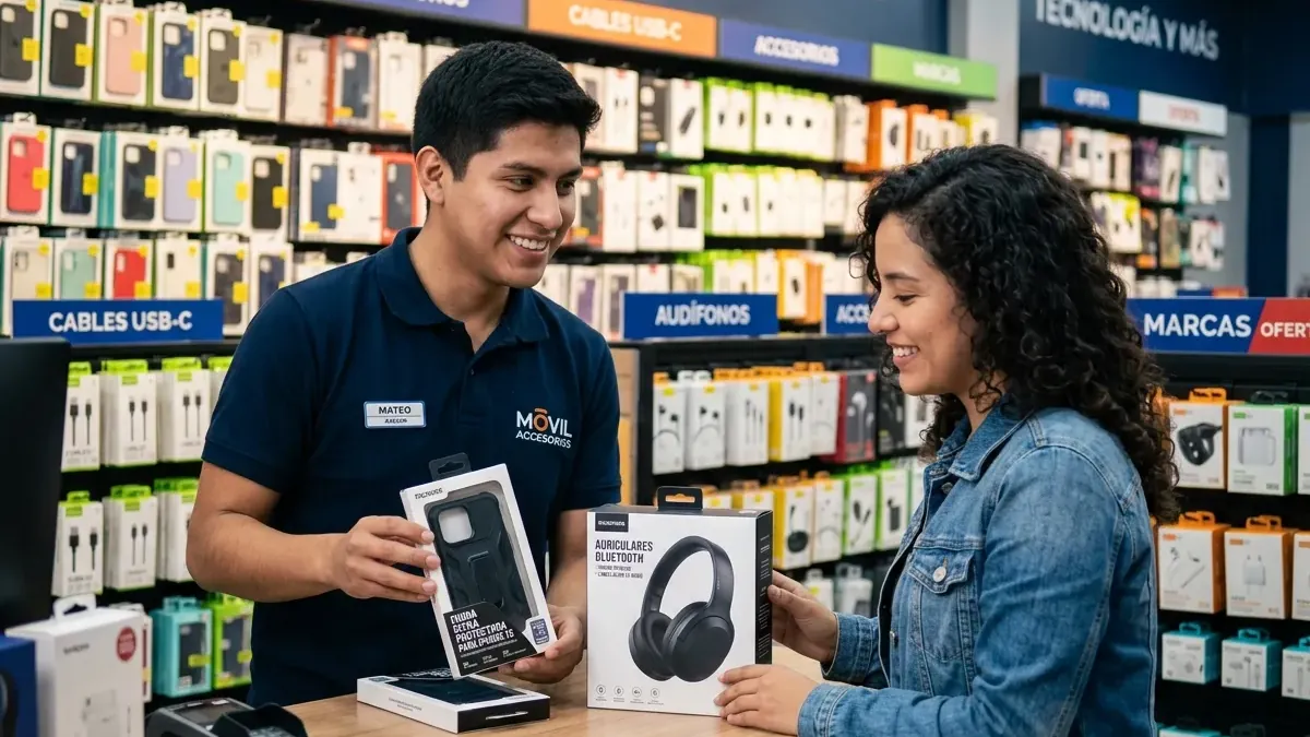 Vendedor de una tienda de celulares mostrando unos audífonos a una clienta
