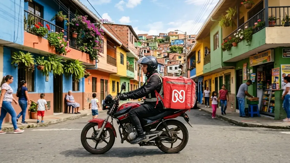 Domiciliario en moto recorriendo una calle de un barrio colombiano