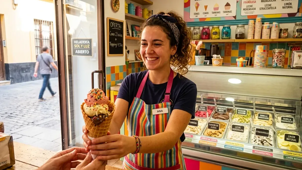 Vendedora de una heladería entregando un cono de helado a un cliente