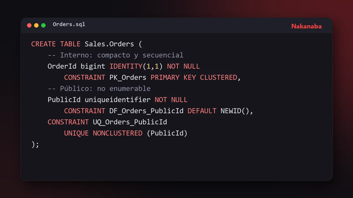 Fragmento de SQL que compara una clave INT IDENTITY con un uniqueidentifier con NEWSEQUENTIALID