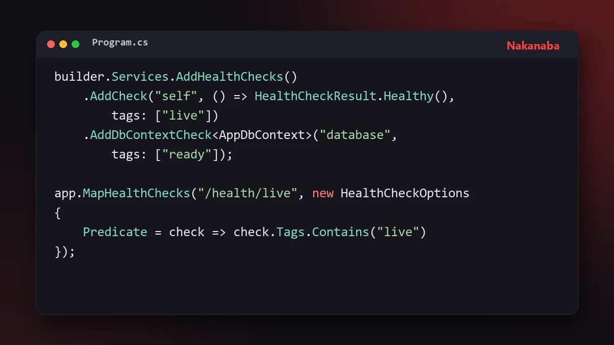 Fragmento de código C# que registra health checks con etiquetas live y ready