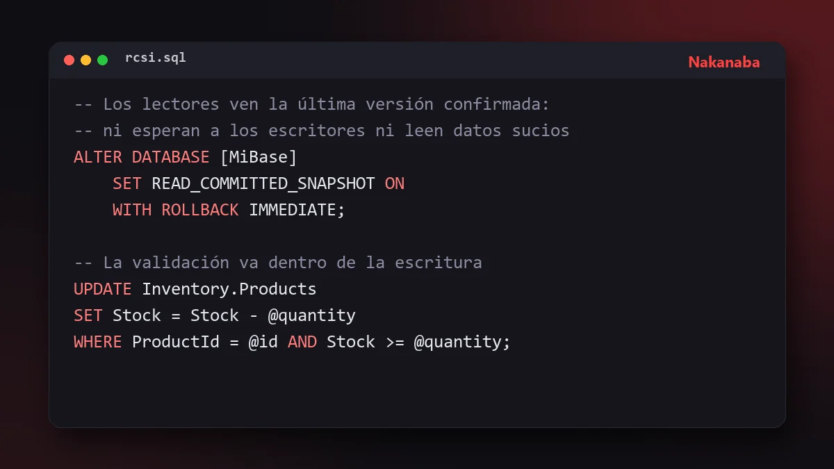 Fragmento de SQL que activa READ_COMMITTED_SNAPSHOT en una base de datos