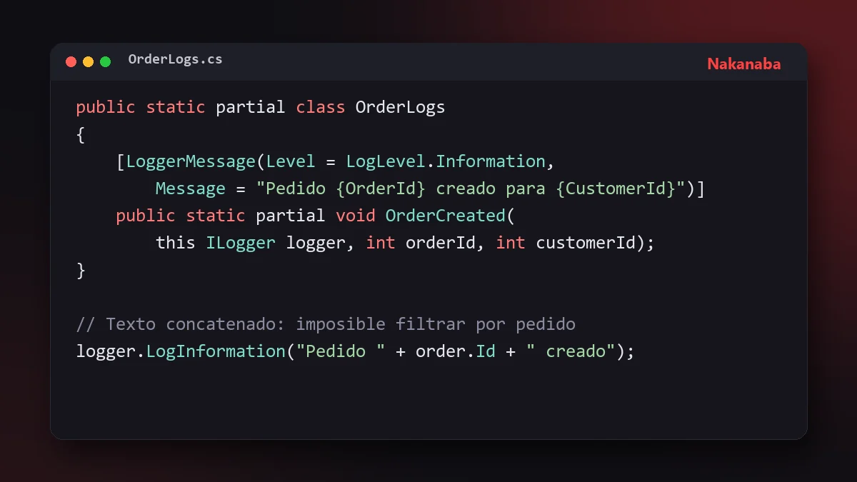 Fragmento de código C# con logging estructurado usando el atributo LoggerMessage