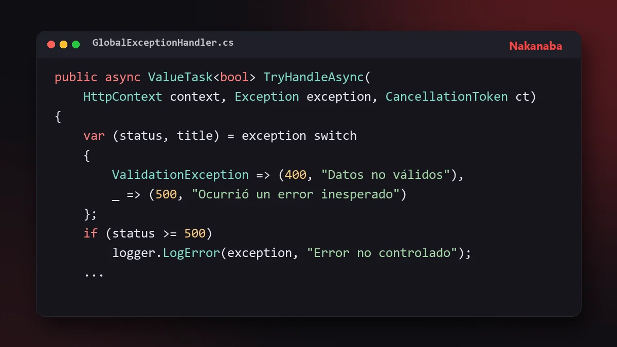 Fragmento de código C# de una clase que implementa IExceptionHandler en ASP.NET Core