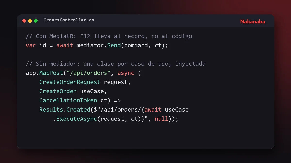 Fragmento de código C# de un controlador que envía un comando con MediatR