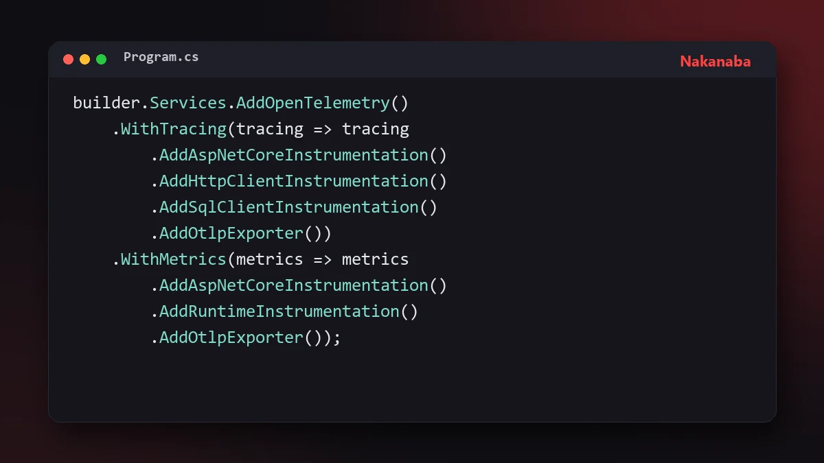 Fragmento de código C# que configura OpenTelemetry con instrumentación de ASP.NET Core y SQL