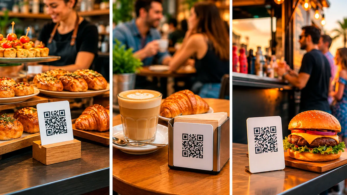 Códigos QR de la carta en el mostrador de una panadería, la mesa de una cafetería y la barra de un food truck