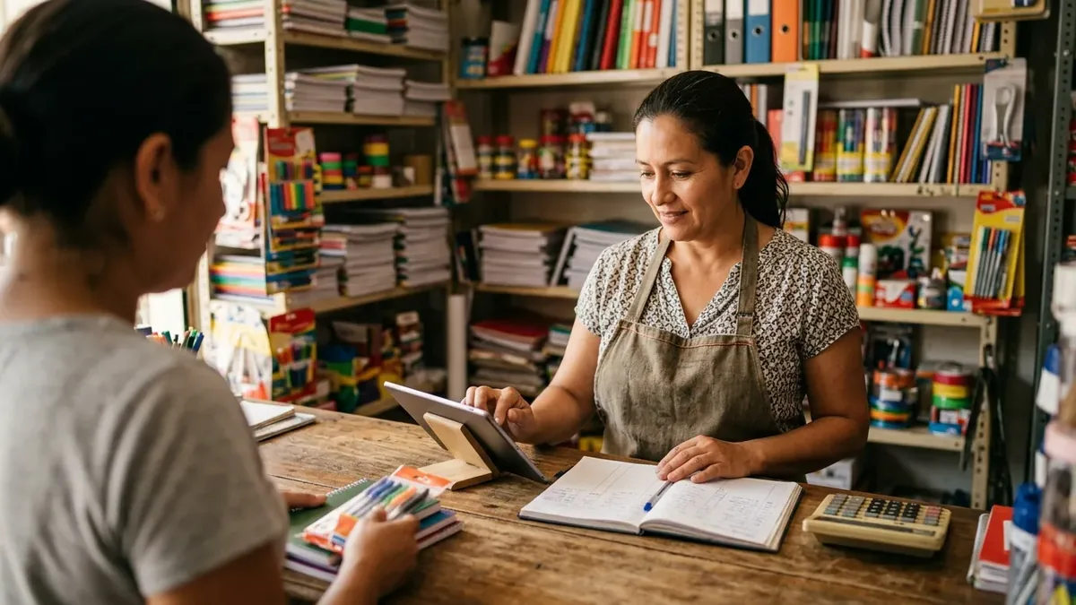 Dueña de una papelería registrando una venta en una tablet, junto a su cuaderno de cuentas y una calculadora