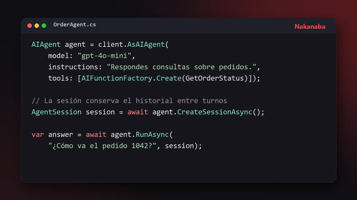 Fragmento de código C# que crea un agente con Microsoft Agent Framework y le registra una función como herramienta