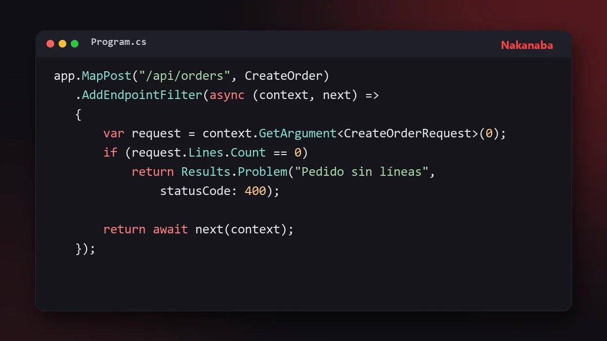 Fragmento de código C# con un middleware y un endpoint filter de ASP.NET Core