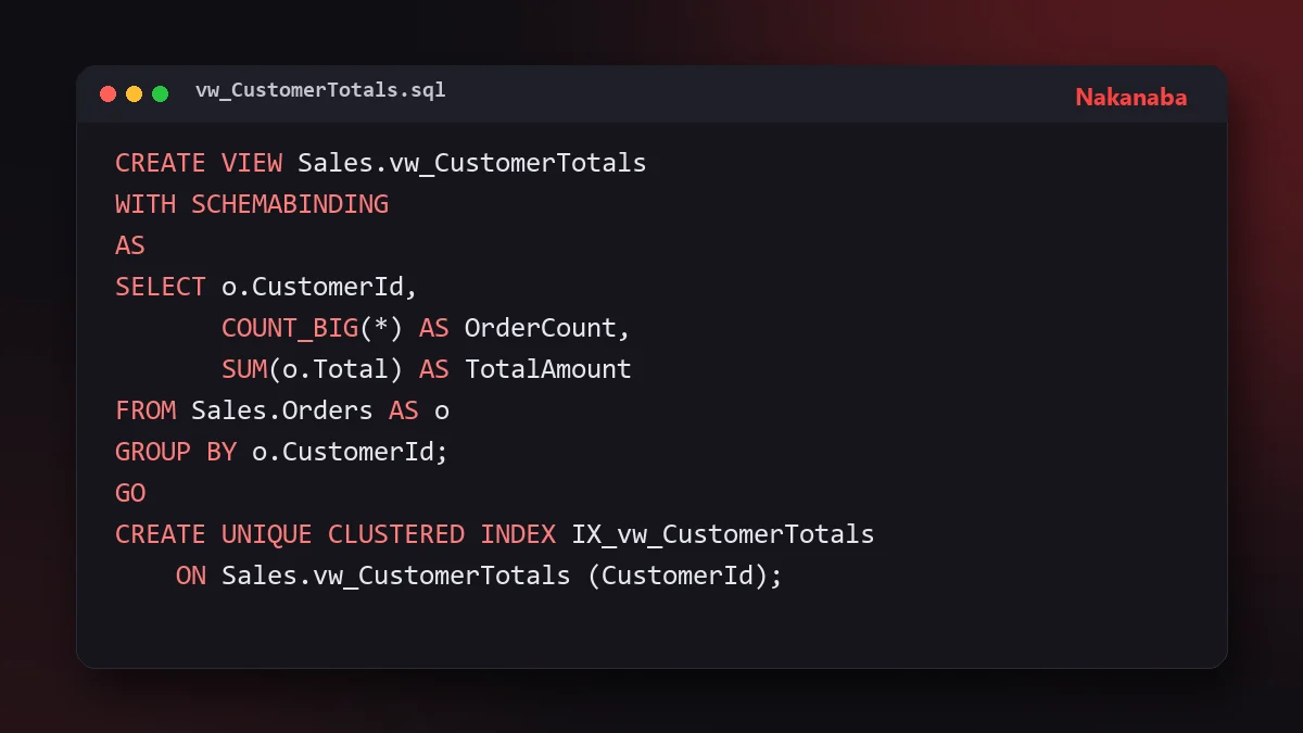 Fragmento de SQL que crea una vista indexada con totales por cliente