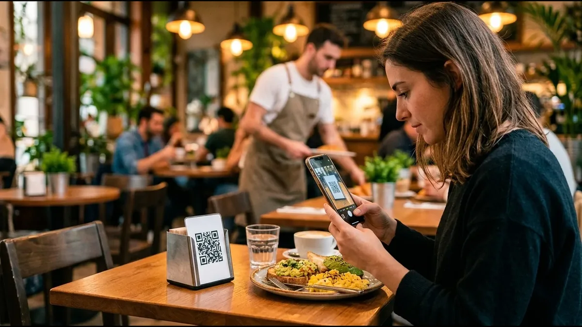 Clienta en la mesa de un café escaneando con su celular un código QR puesto en el servilletero