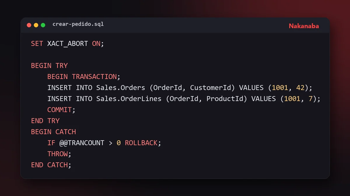 Fragmento de SQL con SET XACT_ABORT ON y un bloque TRY CATCH con ROLLBACK
