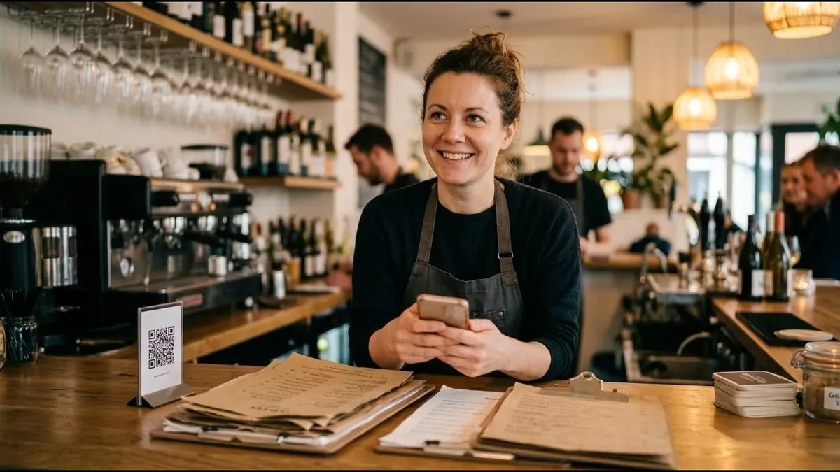 Dueña de un restaurante sonriendo detrás de la barra con su celular, junto a una pila de cartas de papel y un soporte con código QR