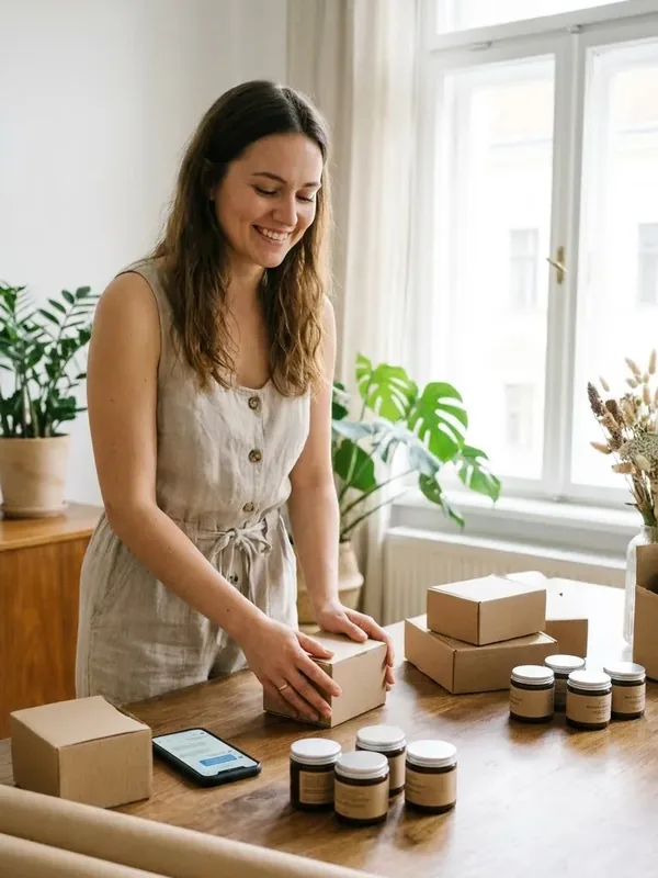 Emprendedora empacando pedidos en la sala de su casa
