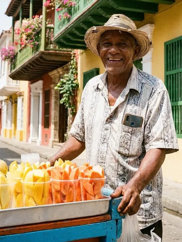 Vendedor ambulante sonriendo junto a su carrito de frutas en el centro de Cartagena