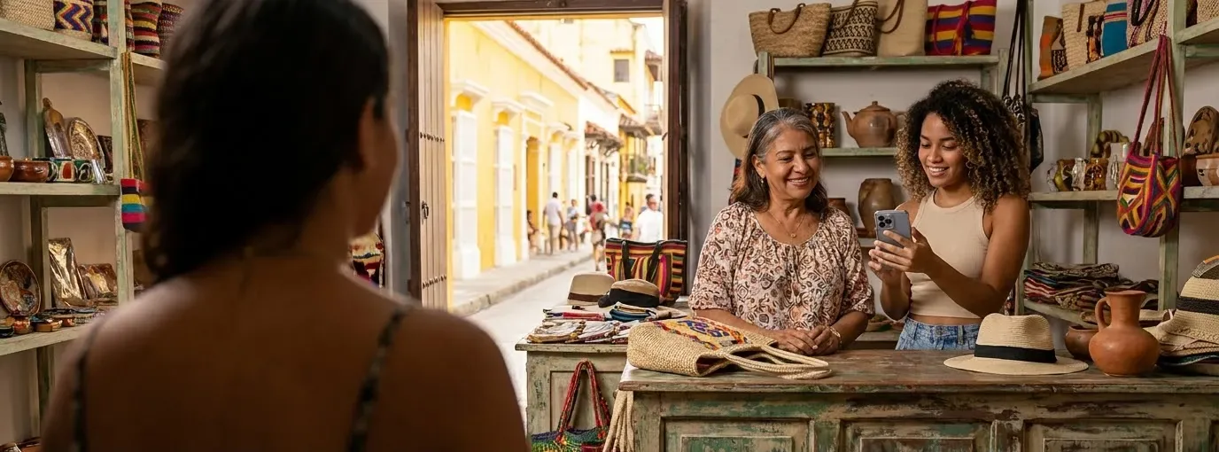 Madre e hija atendiendo a una clienta en su tienda de artesanías en Cartagena