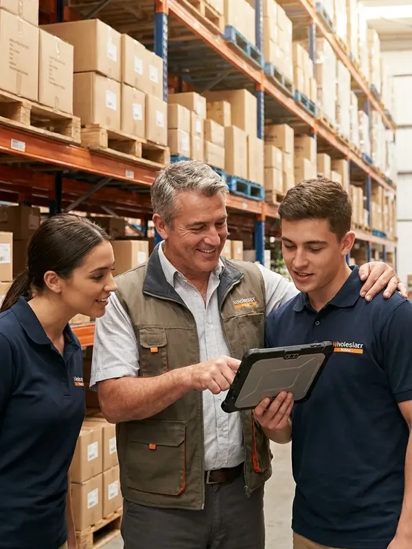 Dueño de una bodega revisando pedidos en una tablet con su equipo
