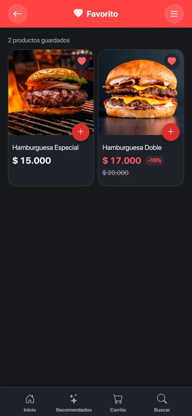 Productos guardados como favoritos