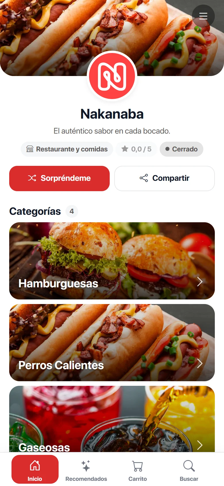 Inicio de la tienda con logo y categorías