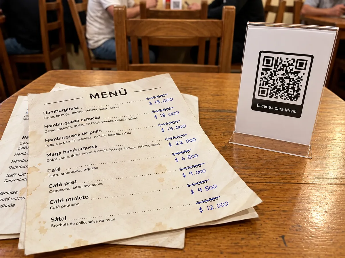 Cartas de papel con precios tachados a mano junto a un soporte con un código QR