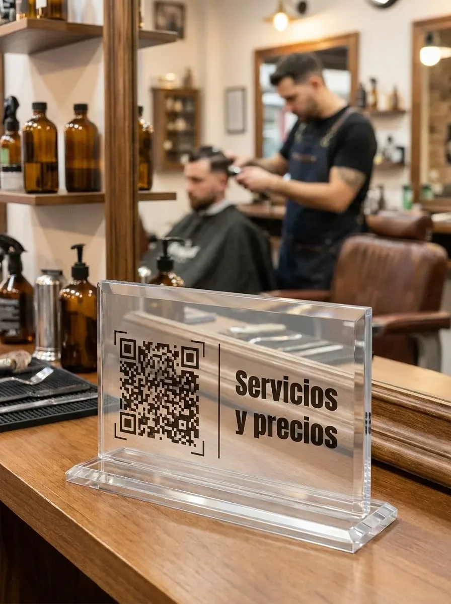Soporte de acrílico con un código QR y el texto Servicios y precios frente al espejo de una barbería
