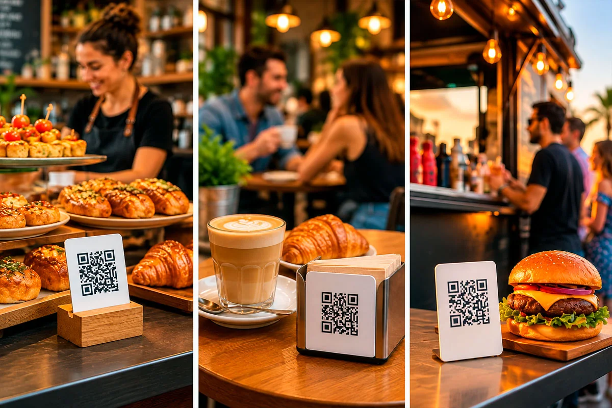 Códigos QR de la carta en una panadería, una cafetería y un food truck