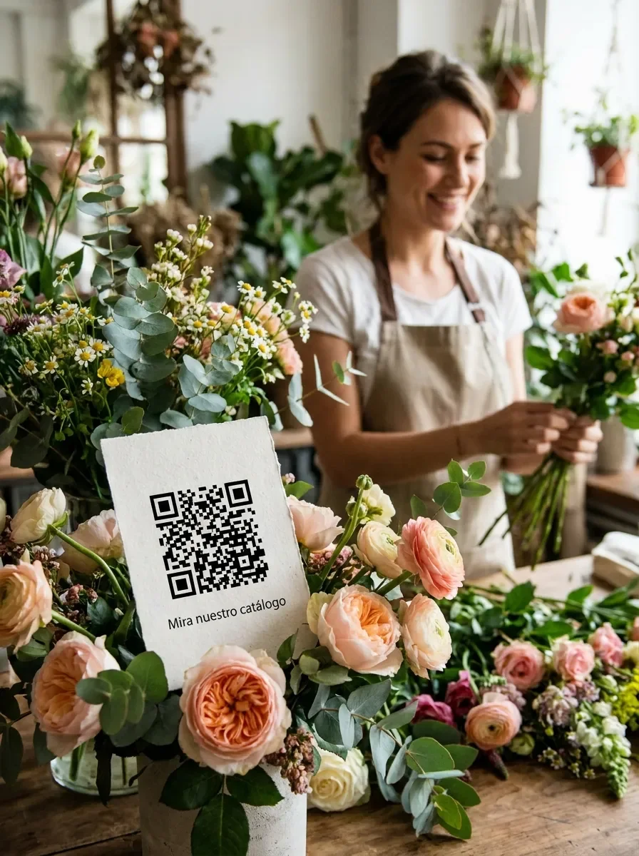 Tarjeta con código QR entre los ramos de una floristería
