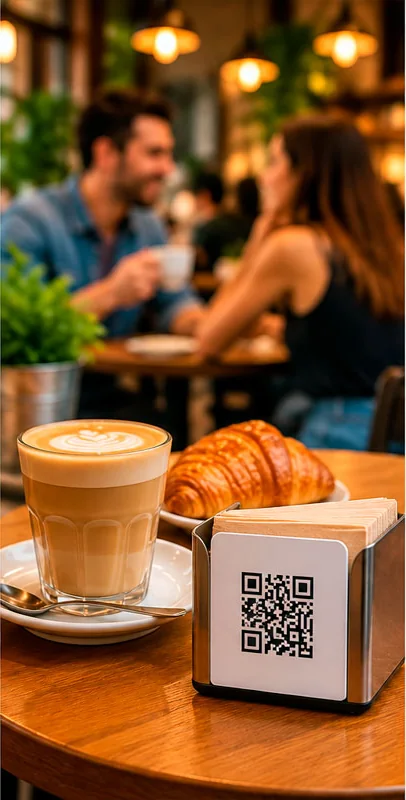 Código QR en el servilletero de la mesa de una cafetería