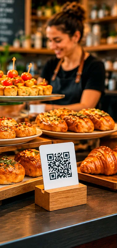 Código QR en un soporte de madera sobre el mostrador de una panadería