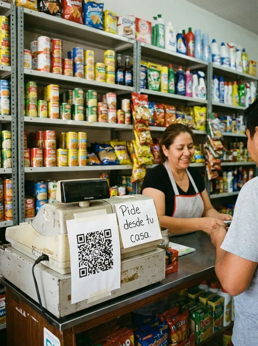 Código QR junto a la caja de una tienda de barrio con el aviso Pide desde tu casa