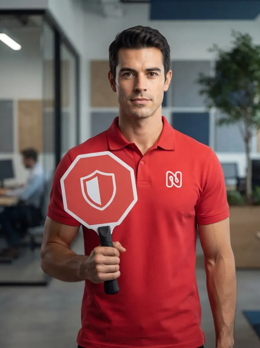 Integrante del equipo de Nakanaba sosteniendo una señal con un escudo de seguridad