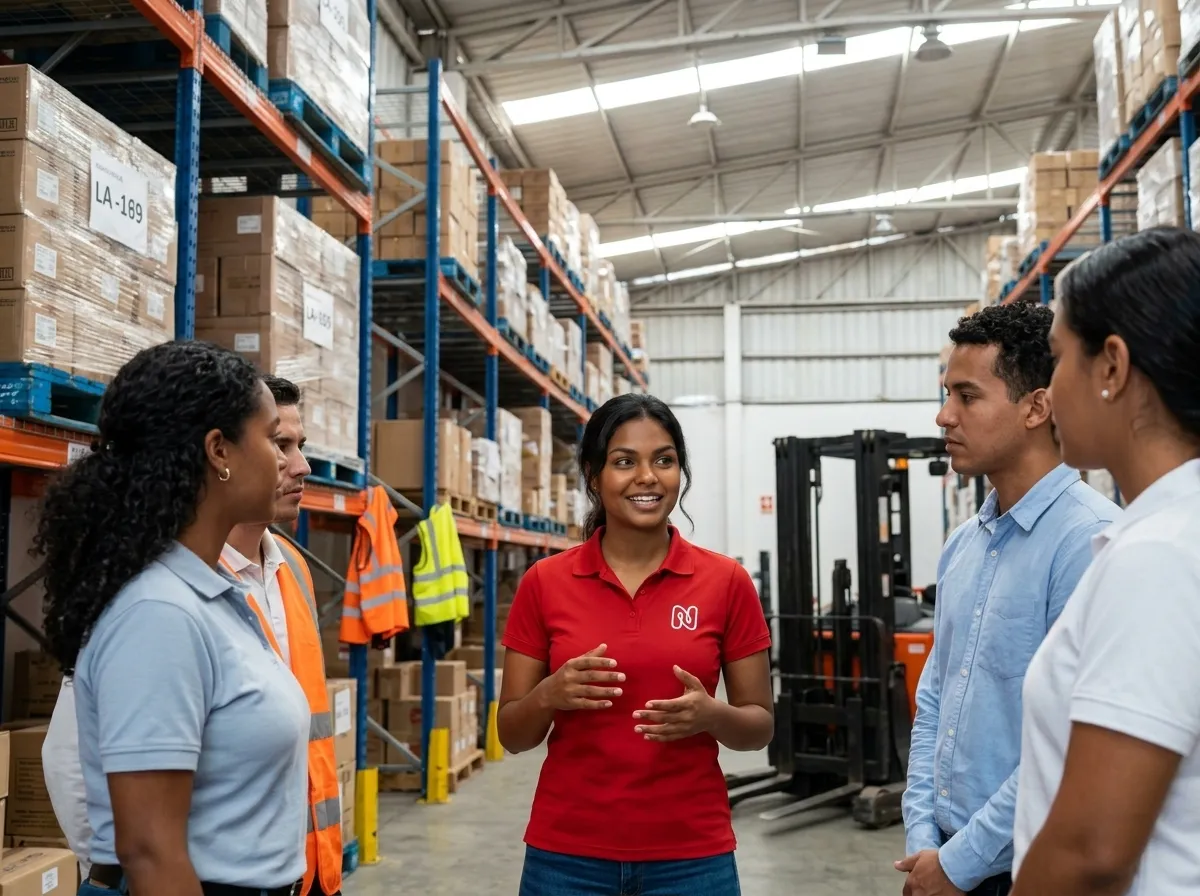 Equipo de una bodega organizando el trabajo del día