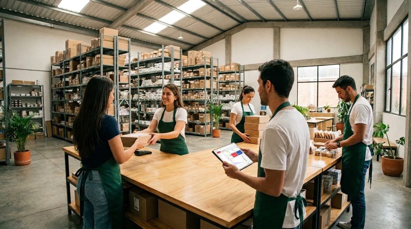 Equipo de un almacén atendiendo clientes y revisando pedidos en una tablet